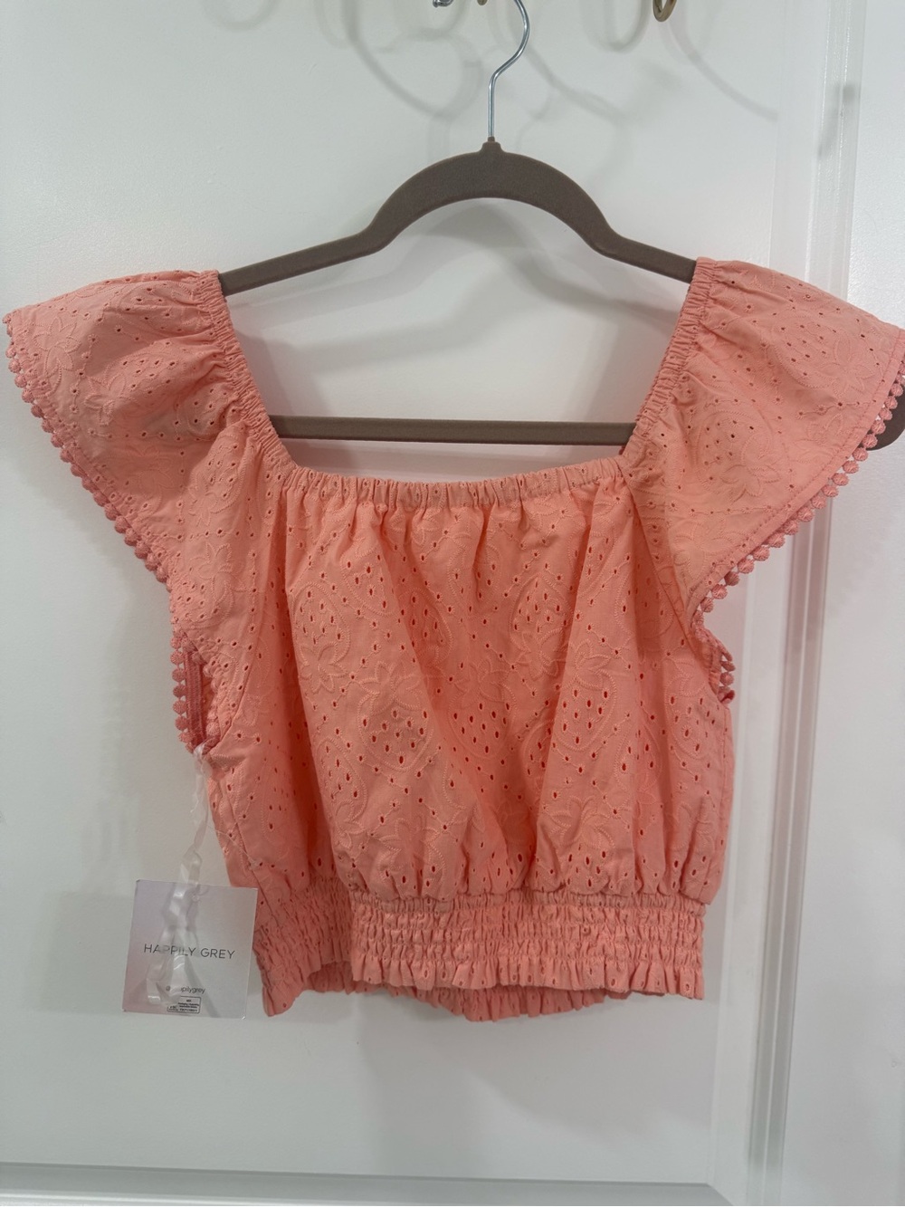 Happily Grey Coral Eyelet Off-Shoulder Crop Top